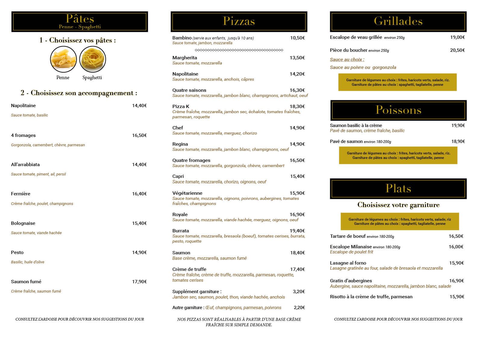 Carte K'Bar Pizza — Recto