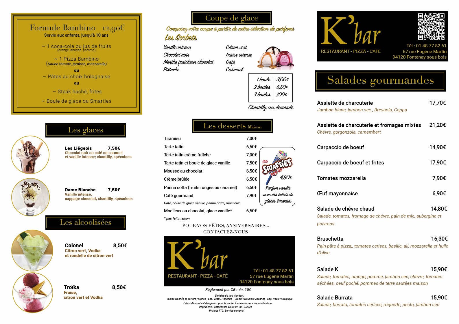 Carte K'Bar Pizza — Verso